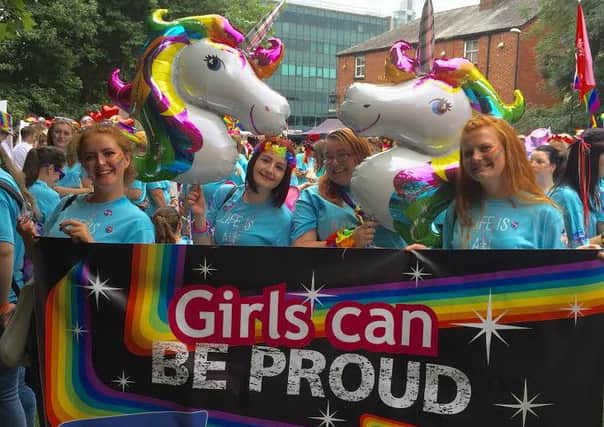 Garstang girlguides Hannah Lawrenson and Faye Mower at Manchester Pride.