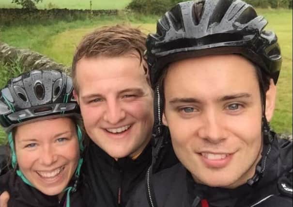 Tom Jones,  Hannah Foxton and Mark Raper, on their cycle ride from St Pauls Cathedral to Bolton for Rosemere