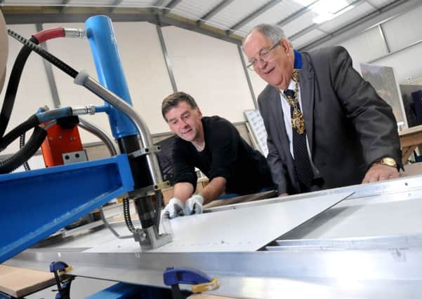 The Mayor of Preston, Coun John Collins at Sign Build HQ, Red Scar Industrial Estate, Preston, with John Weatherby