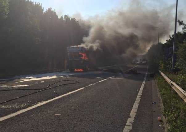 Slip road from jct 2 M65/jct 9 M61 down to Walton Summit & Clayton Brook closed to a crane lorry on fire