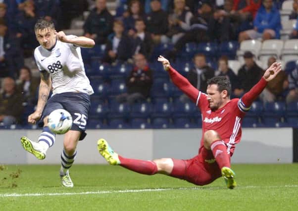 Hugill fires in North End's third against Cardiff on Tuesday night, a goal he thinks is probably the best of his career to date