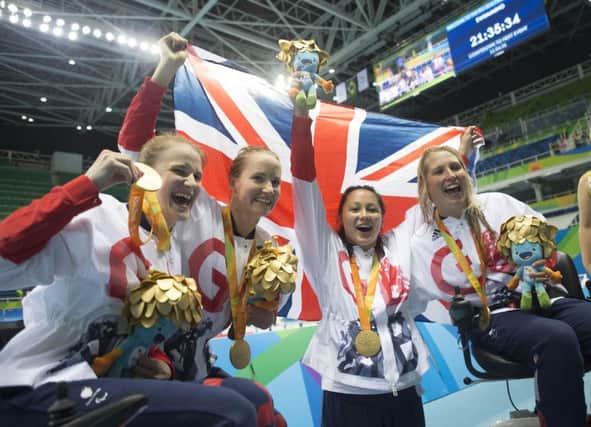 Paralympic gold medal winner Stephanie Slater with her GB 4x100 medley relay team-mates Alice Tai , Claire Cashmore and Stephanie Millward  PHOTO: onEdition