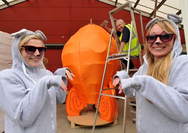 EXCITED: Carol Topping at Barton Grange Garden Centre building a rocket ship for the Lancashire Encounter event with Emma Templeton and Tracy Curran as two of the mice