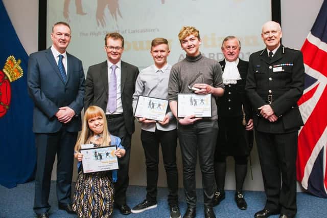 Lancashire Young Citizen of the Year winners. Commissioner Clive Grunshaw, Rachel Lambert (second place), Ian Wood (BAE), Liam McClean (third place), Kyran Peet (winner), Barry Johnson(High Sheriff) and Chief Constable Steven Finnigan.