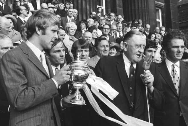 Graham Hawkins with Football League president Bob Lord and PNE manager Alan Ball Snr in 1971