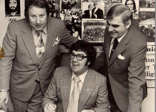 From left, promoter Duggie Chapman, comedian Frank Carson and former Preston Guild Hall manager Vin Sumner