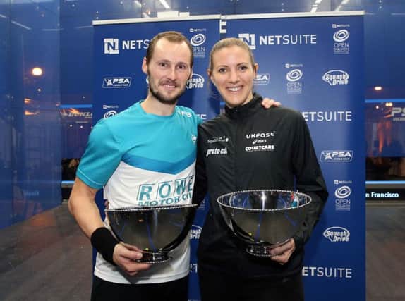 WINNERS: Laura Massaro with mens champion Gregory Gaultier        	PHOTO: Steve Line/squashpics.com