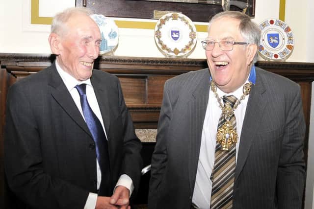 Retiring Taxi Driver Billy Gray meets the Mayor of Preston, Councillor John Collins
