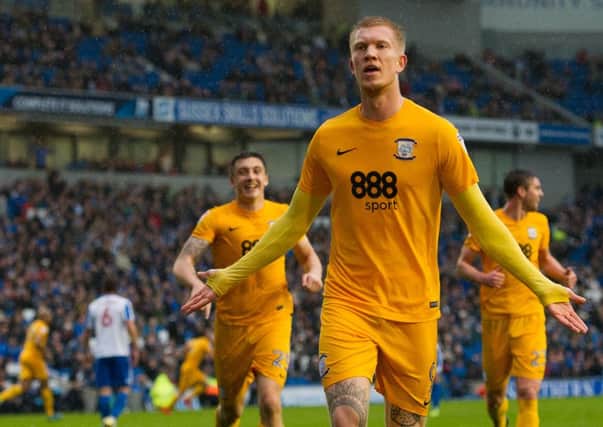 Preston North End's Simon Makienok celebrates scoring his late equaliser at Brighton.
