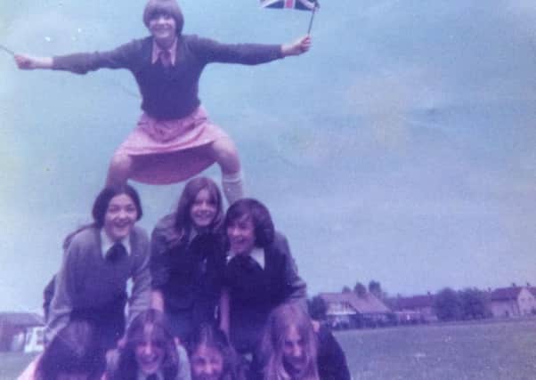 School was definitlety fun as Jackie Ingham ( nee Eastham)  and her friedns at St Cecilia's show. Jackie is  on top of her pals
Next row from left Mary Rainford. Janet Wareing, Beverley Kelsall
Bottom row from left :
Angela Gornall,  Veronica Hunt. Susan Small, Angela Cookson.
