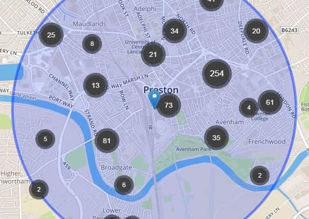 Crime Map showing crimes reported in the circled area of Preston.