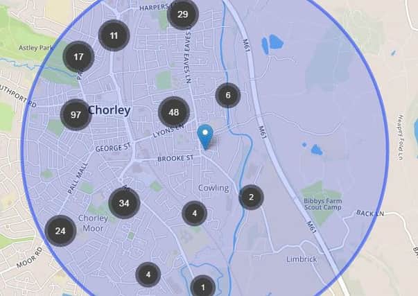 Crime map showing reports of crime within a 1-mile radius of Chorley town centre.