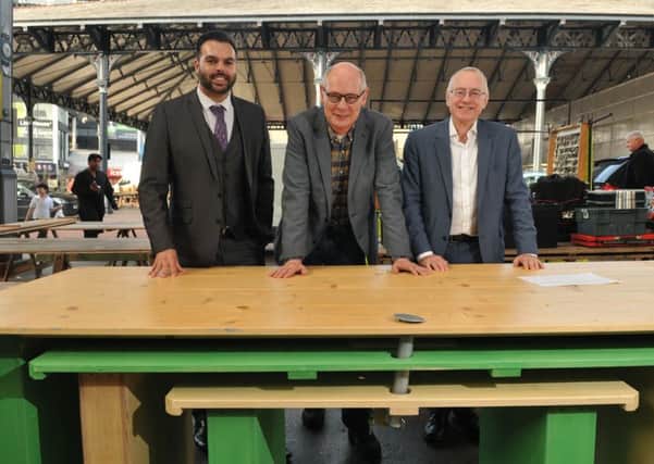 Photo Neil CrossJohn Bridge of FWP, Charles Quick and Peter Rankin with the winning design for the new Preston market stalls are unveiled after a design competition