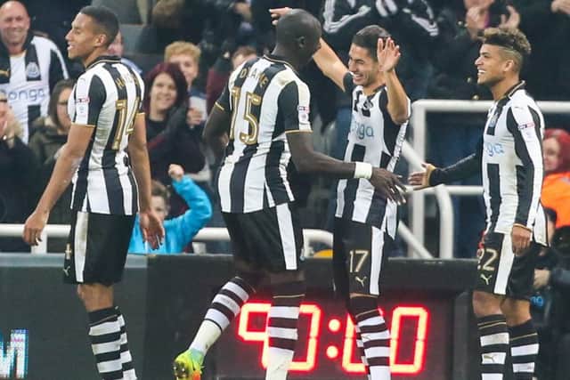 Ayoze Perez celebrates scoring Newcastle's  sixth goal against PNE