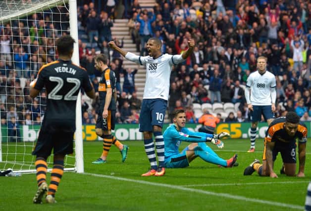 Jermaine Beckford celebrates as Preston pull a goal back against Newcastle at Deepdale