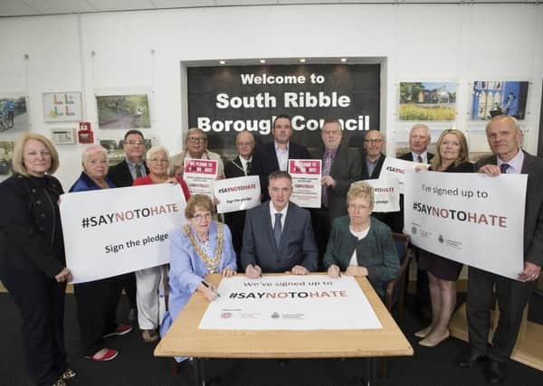 South Ribble Borough Council Say No To HatePolice & Crime Commissioner for Lancashire Clive Grunshaw, with the Mayor of South Ribble, Coun Linda Woollard, Chief Exec Jean Hunter, Leader Peter Mullineaux, councillors and officers