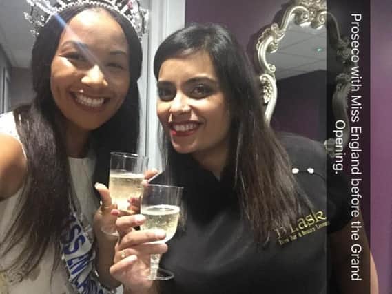 Miss England, Elizabeth Grant, with  Reena Parekh, owner of Mask Brow Bar and Beauty Lounge, in Preston, at its grand opening
