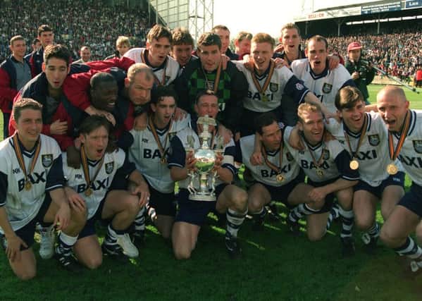 The Third Division title-winning season squad of 1995/96. Graeme Atkinson is on the front row, first left