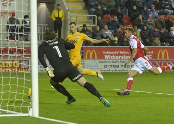 Marnick Vermijl arrives at the far post to tuck away Preston's third goal at Rotherham