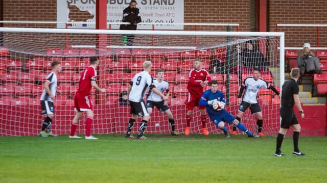 Goalmouth action from Bamber Bridge's weekend defeat at Ossett Town. Photo credit: Ruth Hornby