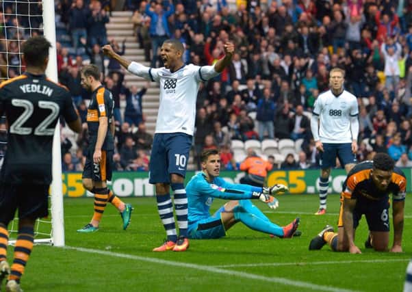Jermaine Beckford celebrates the goal which has now been taken away from him