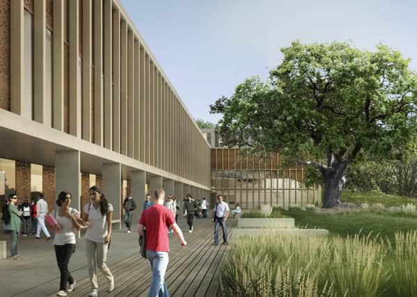 Artists impression of the outside of the new health innovation development at Lancaster University