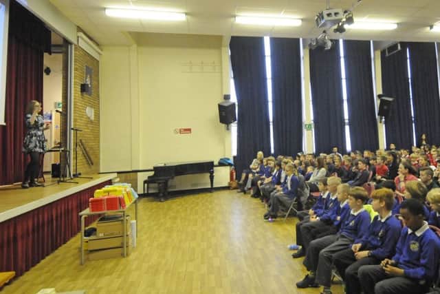 Author Robin Stevens gives a talk to schoolchildren at Penwortham Girls High