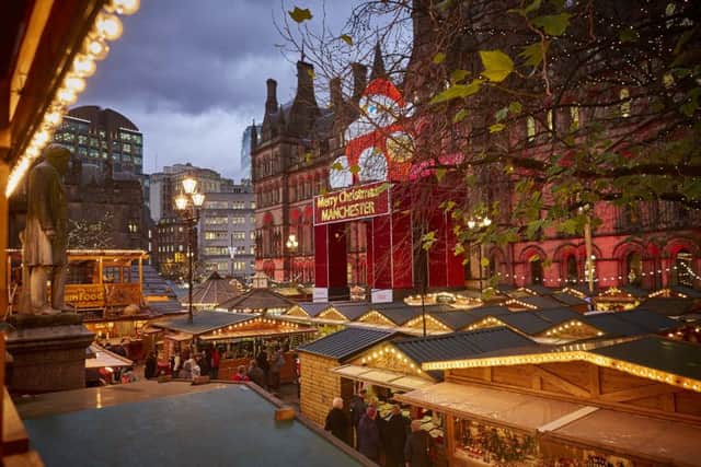 Manchester German Christmas Markets on Albert Square in front of the landmark Town Hall
Markets