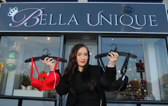 Emily Potts outside her newly opened lingerie shop, Bella Unique, Hough Lane, Leyland