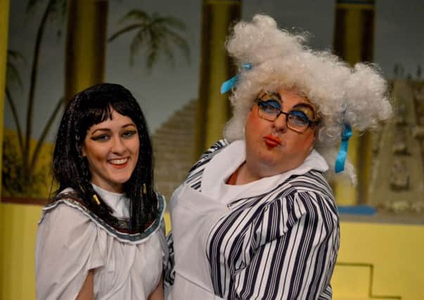 Chorley Little Theatre 2016 Panto Cleopatra. From left, Cleo (Rachel Offord) and Dame (Andy Burke)