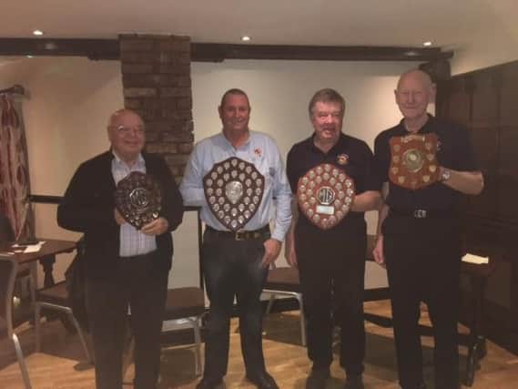 Members of West Lancs MG Owners Club with their awards:  Standard: Roy Green. MG TF Original (1954); Modern Premier : Steve Kirton. MGF (1998); Premier Ralph Greenhalgh. MG TC (1946) and Modern David Graham. MG TF (2002)