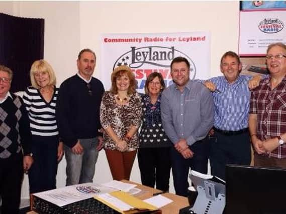 Left to right: Cllr. Mal Donoghue (interviewee), Ruth Bradshaw (whats on presenter), Martin Deacon and Brenda Crossley (Breakfast hosts), Deborah Noblett (Breakfast host and field interviews/reports), Phil Weaver (supporter - Knickerbrook Cars), Keith Bradshaw (Breakfast host and supporter/Commuity Actionsponsor -, Leyland Leader), Brian Ashman (co-founder and station manager).