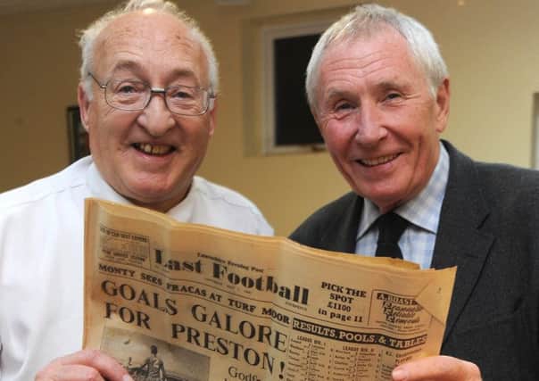 Brian Greenhalgh, right, remembers the good old days with PNE supporter and local league football stalwart Wilf Riley during a special reunion last month at Bamber Bridge's Sir Tom Finney Stadium