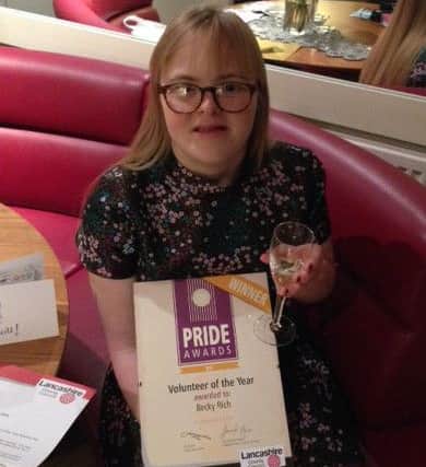 Becky  Rich with her Pride Award after winNING of the Volunteer of the Year at Lancashire County Council's Pride Awards 2016.