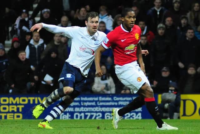 Scott Laird scores for PNE against Manchester United in the FA Cup in February 2015