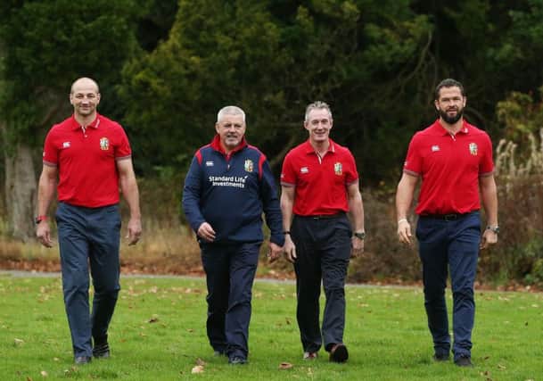 Warren Gatland (second left) with members of his coaching staff Steve Borthwick (left), Rob Howley and Andy Farrell (right)