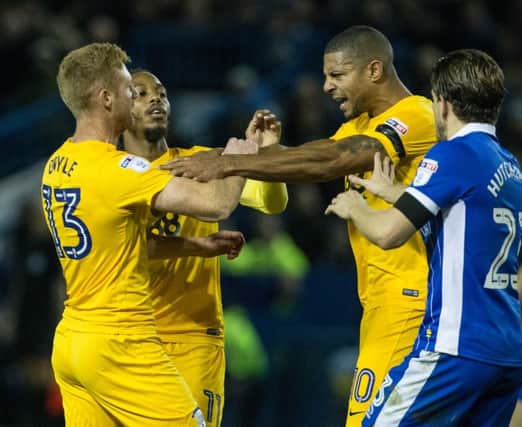 Preston North End's Eoin Doyle and Jermaine Beckford are involved in a fracas which resulted in them both being red carded against Sheffield Wednesday