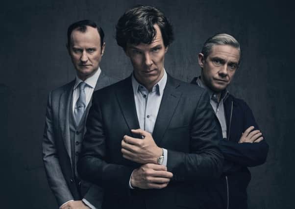Sherlock:  Mycroft Holmes (MARK GATISS), Sherlock Holmes (BENEDICT CUMBERBATCH), Dr John Watson (MARTIN FREEMAN) - (C) Hartswood Films - Photographer: Todd Antony