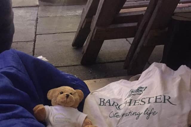 Barchy Bear kept fund-raisers company during a sleep-out for homeless people