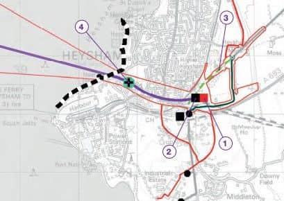 A map of the tunnel route (purple). The black square and black circle mark the locations of current electricity substations at Middleton. The red square shows where the extended one could go. The black cross on a green background marks where a temporary tunnel shaft could go, at Penrod Way in Heysham.