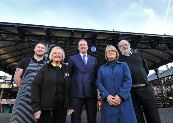 Photo Neil Cross
Preston Council is to appoint Conlon Construction to build the market. Traders Sam Livesey and Ellen Young from the market, Michael Conlon and Lorraine Norris and Coun Robert Boswell at the outdoor market
