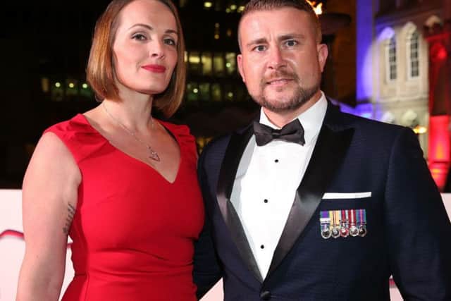 Stuart Robinson with his wife Amy at the Millies awards in London. Picture: BFBS and Forces TV.