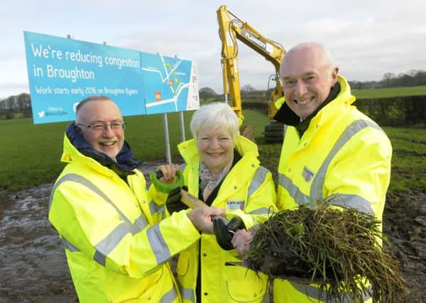 BIG SMILES: Official start on the construction of the Broughton Bypass.  Pictured are Peter Rankin, Jennifer Mein and Edwin Booth