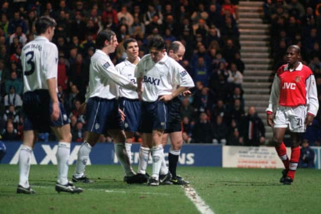 David Eyres is given his marching orders for bringing down Marc Overmars during PNEs 4-2 FA Cup defeat to Arsenal at Deepdale in 1999
