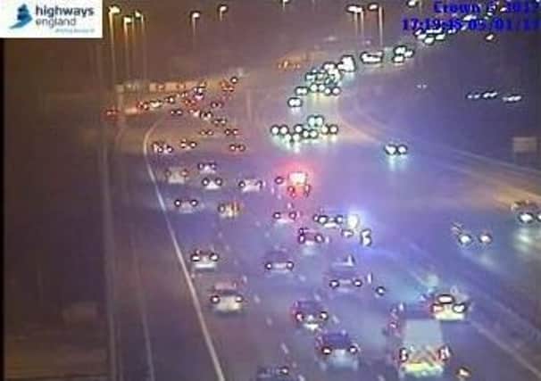 One lane of the M6 was closed between J31 and 32 after a two-car crash. Picture tweeted by Highways England