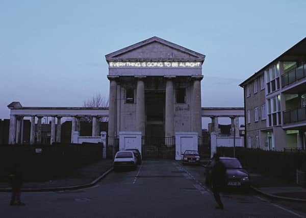 Martin Creed Work No. 203 EVERYTHING IS GOING TO BE ALRIGHT 1999 White neon 1.6 x 42.6 ft / 0.5 x 13 m Installation at The Portico, Linscott Road, London, UK, 1999 Commissioned by Ingrid Swenson Photo: Hugo Glendinning