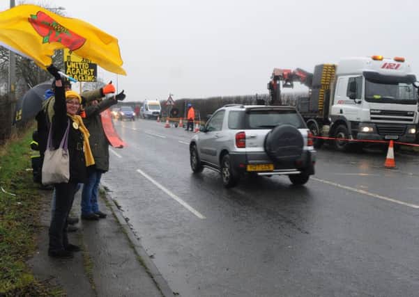 Protest: Protesters gather across from a new fracking site, off the A583, Preston New Road, Little Plumpton