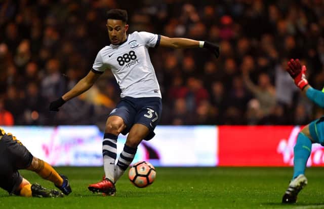 Preston North End's Callum Robinson scores his side's first goal of the game during the Emirates FA Cup, third round match at Deepdale, Preston.