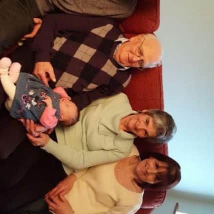 Jack Swarbrick, 94, with 70-year-old great grandma Joan Sutcliffe, from Winmarleigh, 49-year-old grandma Heather Hall, from Pilling, 29-year-old dad Simon Hall, from Pilling and three-week old Eliza.