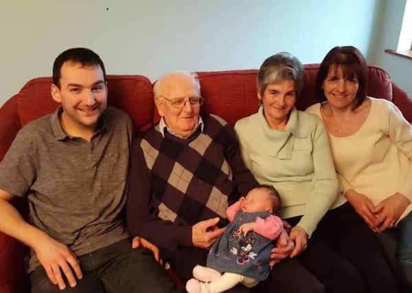 The picture shows 29-year-old dad Simon Hall, from Pilling, 94-year-old great great grandad Jack, three-week old Eliza, 70-year-old great grandma Joan Sutcliffe, from Winmarleigh and 49-year-old grandma Heather Hall.
